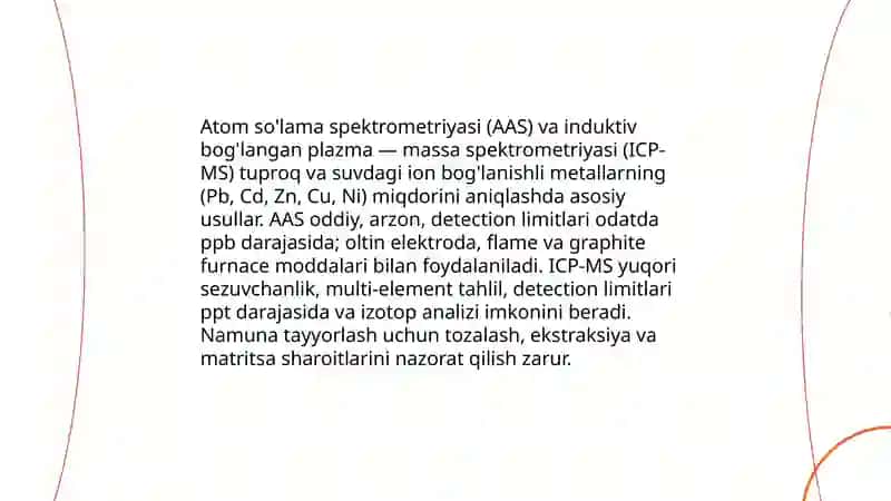 Tuproq va suvdagi ion bog‘lanishli ifloslantiruvchi moddalarni aniqlash va ekologik xavfsiz tozalash usullari 4