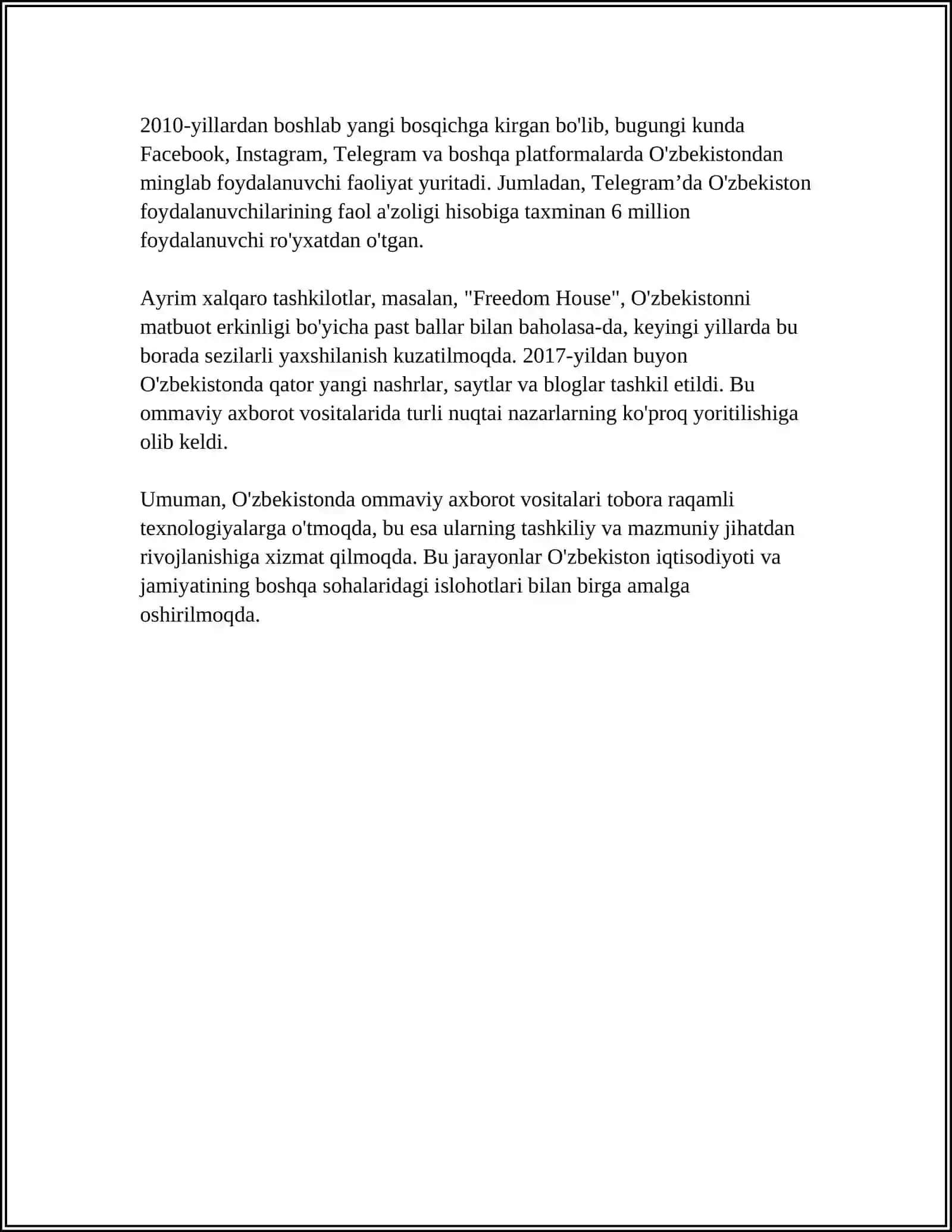 O'ZBEKISTON RESPUBLIKASI OMMAVIY AXBAROT VOSITALARINING FAOLIYATI. ( O'ZGARISH VA MUAMMOLAR) 4