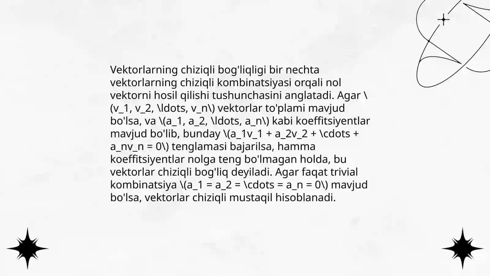 N-o'lchovli vector fazo.Chiziqli bog'liqlik.Bir jinsli chiziqli tenglamalar sistemasi.fundamental yechimlar 4
