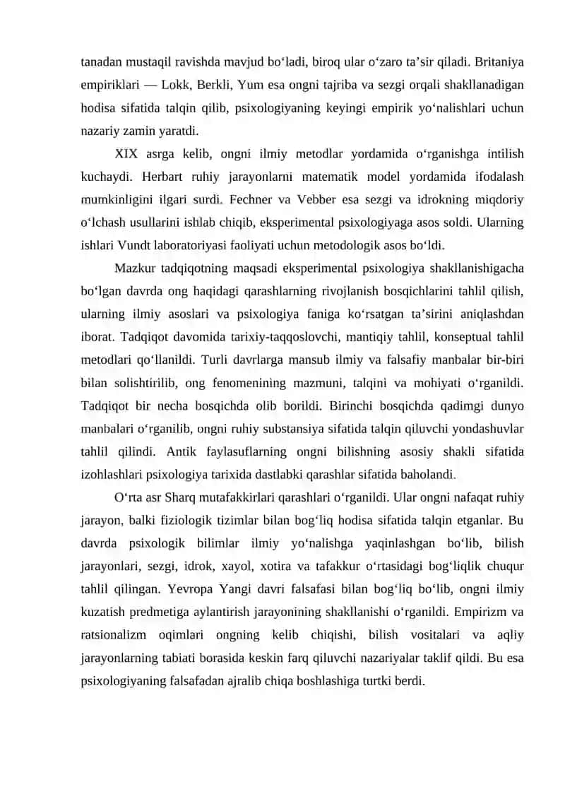 EKSPERIMENTAL PSIXOLOGIYA SHAKLLANISHIGA QADAR PSIXOLOGIYANING ONG HAQIDAGI FAN SIFATIDA RIVOJLANISHI 4