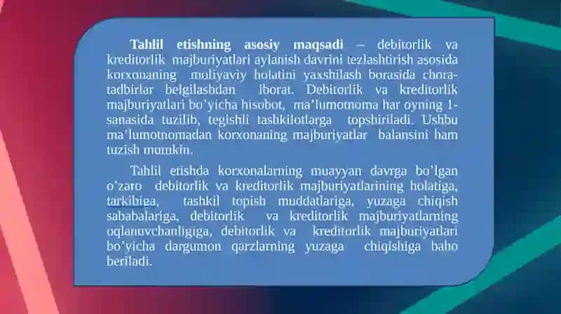 Debitorlik va kreditorlik qarzlarga ta’sir etuvchi omillar tahlili 4