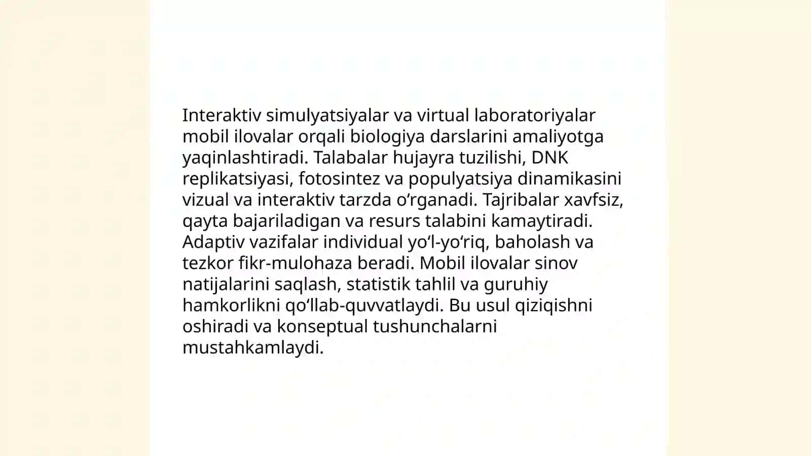 Mobil ilovalar biologiya fanini o'qitishda o'quvchilarning faolligini 4
