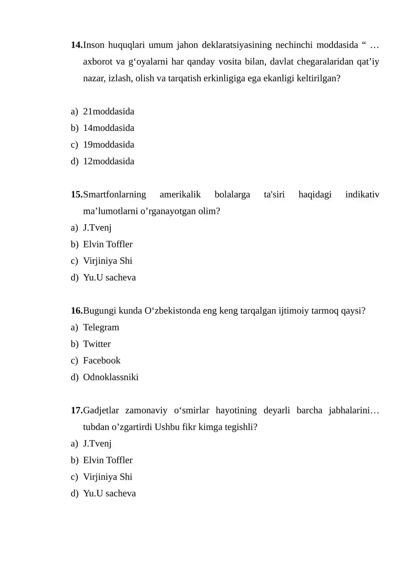 Mediyasavodxonlik test. Yakuniy Nazorat 4