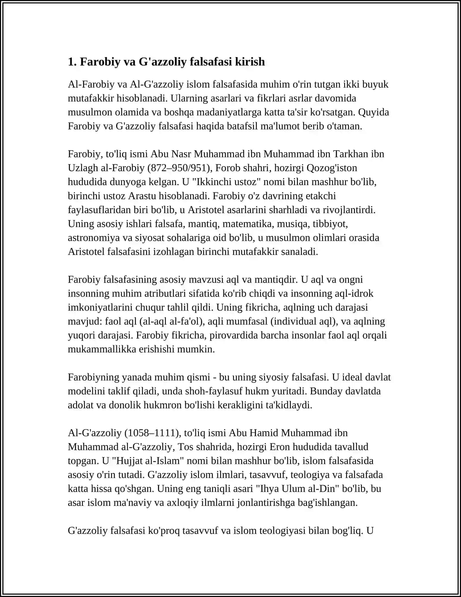 ABU NASR FAROBIY VA G'AZZOLIYNING FALSAFA ILMIGA OID QARASHLARINI QIYOSIY TAHLIL ETISH (FAROBIYNING "SIYOSAT FALSAFASI" VA G'AZZOLIYNING "KIMYOI SAODAT" ASARLARI ASOSIDA) 4
