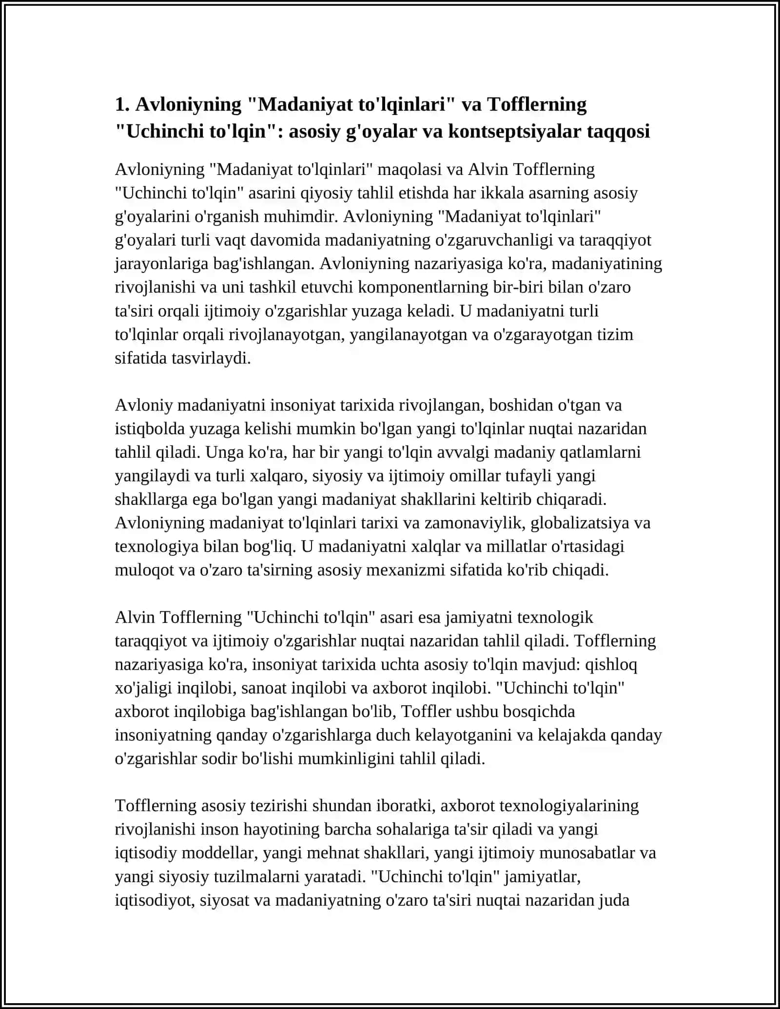 AVLONIYNING "MADANIYAT TO'LQINLARI" MAQOLASI VA E.TOFFLERNING "UCHINCHI TO'LQIN" ASARINI QIYOSIY TAHLIL ETISH 4