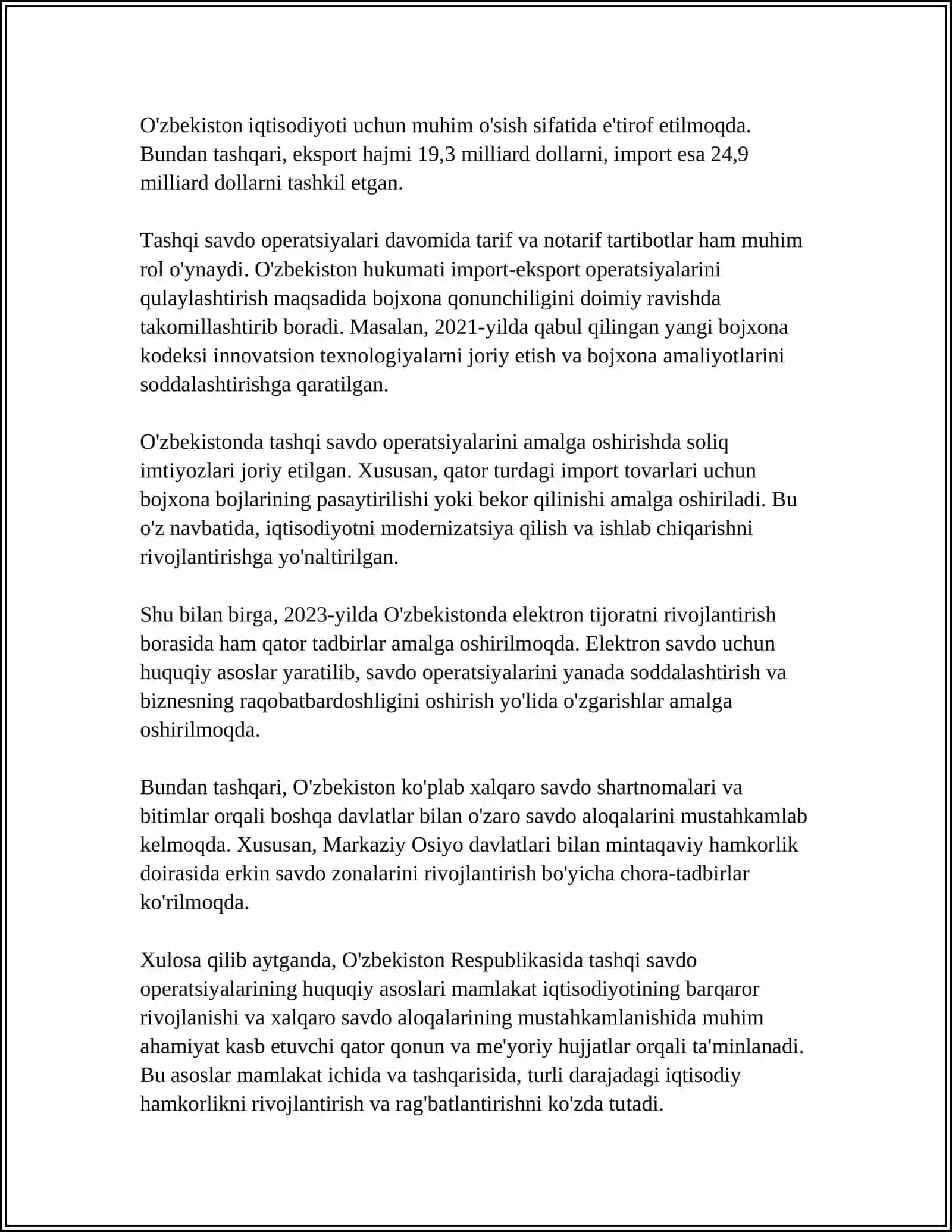 O'ZBEKISTONDA TASHQI SAVDO OPERATSIYALARINI RIVOJLANTIRISH AMALIYOTI 4