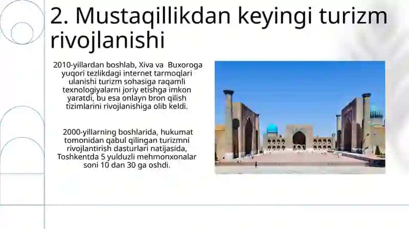 Oʻzbekiston respublikasi turizim sohasining vujudga kelishi va rivojlanishi 4