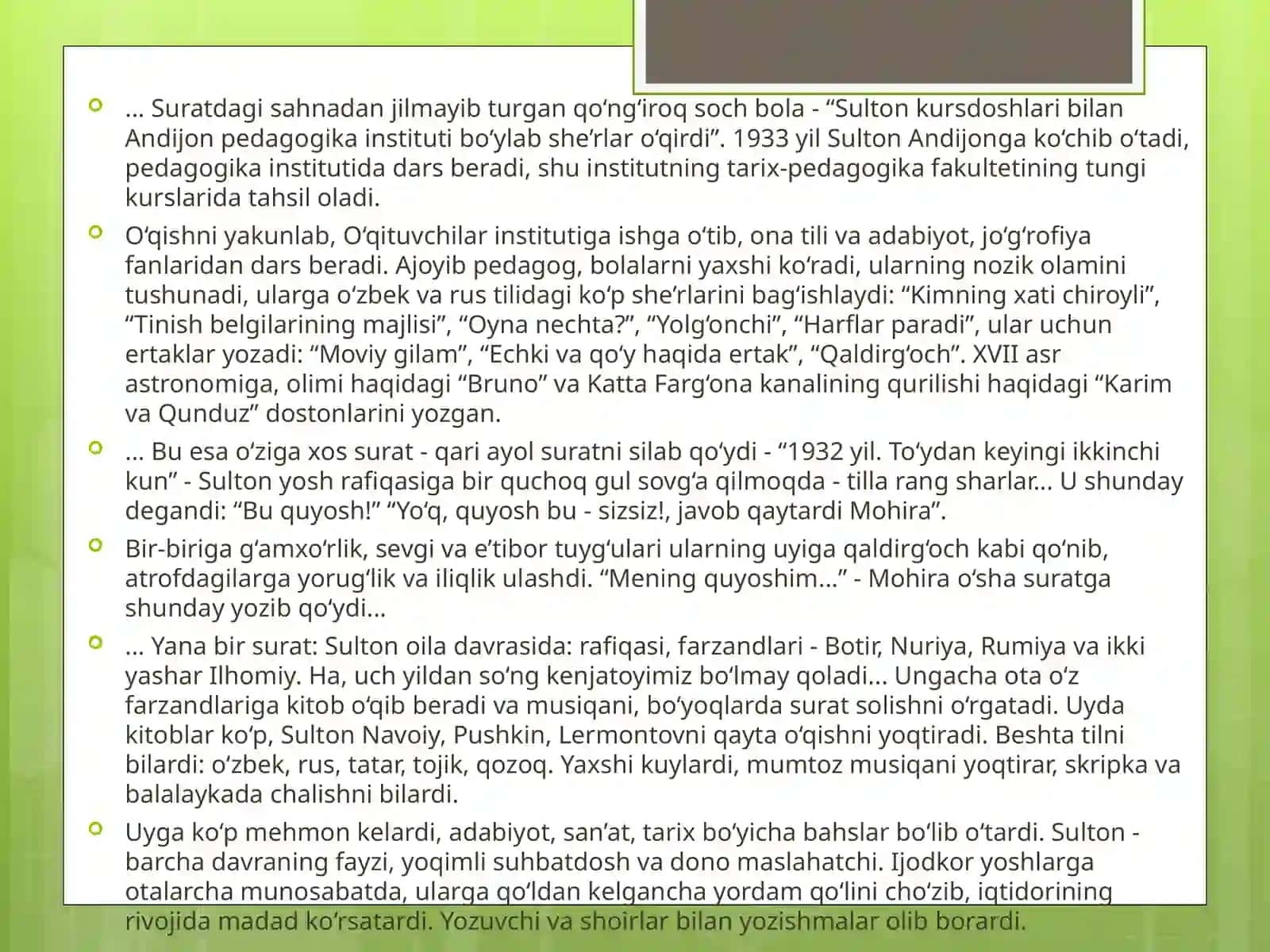 Zafar Diyor, Sulton Joʻra va Sh.Sa’dullaning hayoti va ijodi. Hakim Nazir, Poʻlat Moʻmin va Qudrat Hikmatning hayoti va ijodi.Bolalar fol'klori tabiati va janriy tarkibi. [] va Farhod Musajon hayoti va ijodi 4