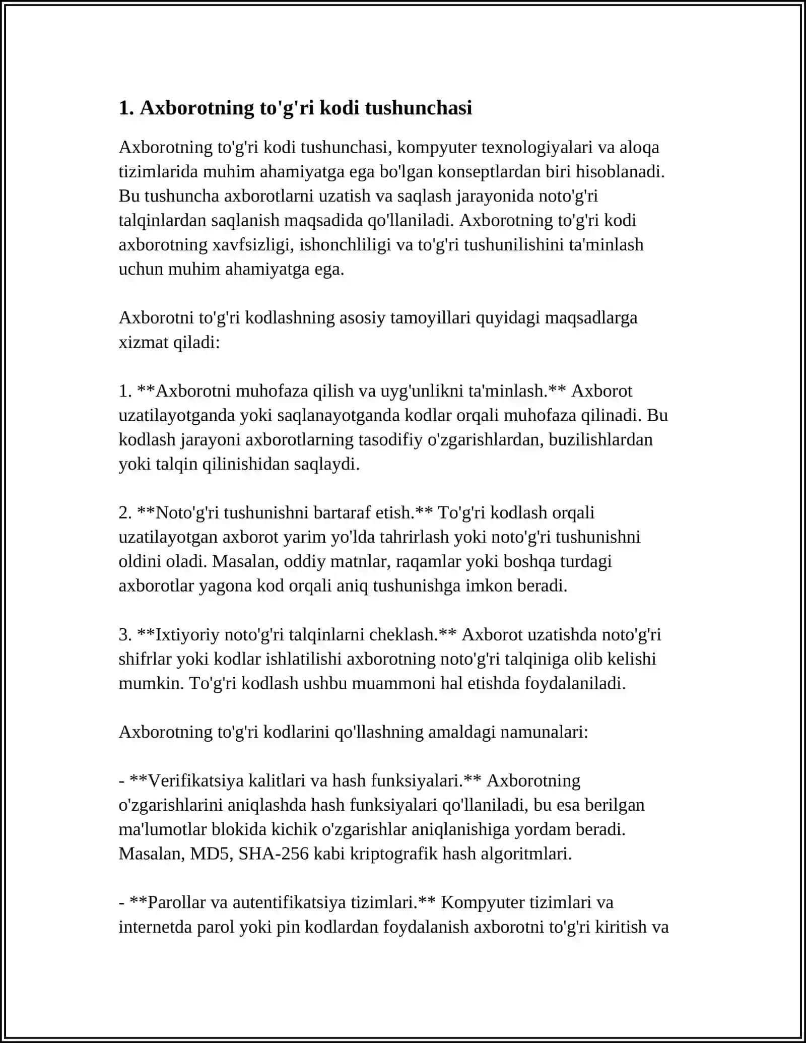 Axborotning TOʻGʻRI, TESKARI, TOʻLDIRUVCHI VA MODIFIKATSIYALASHGAN KODLARI 4