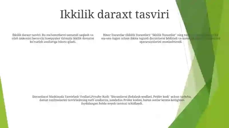 Binar Daraxtlar (Ikkilik Daraxtlar,Daraxtlarni Mashinada Tasvirlash Usullari,Pryufer Kodi) 4