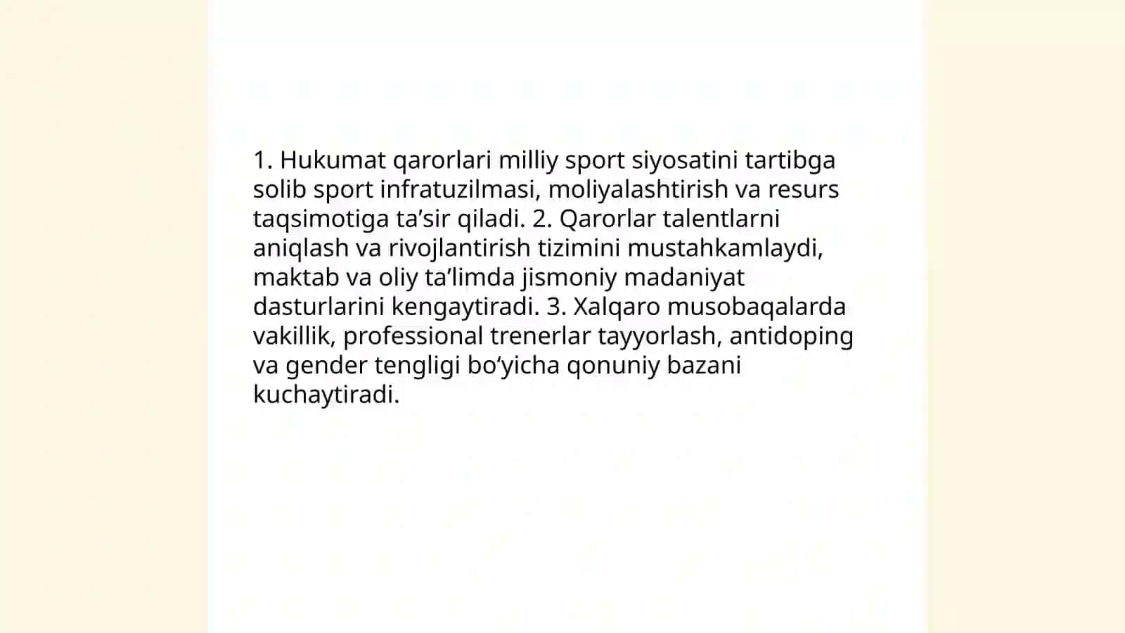 Oʻzbekiston Respublikasi jismoniy madaniyat va sport sohasidagi qonun hujjatlari: umumiy ahamiyati 4
