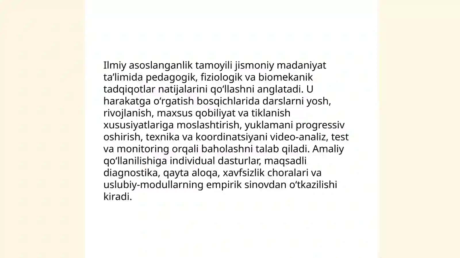 Jismoniy madaniyat taʼlimi jarayonining uslubiy tamoyillari. Harakatga oʻrgatish bosqichlari 4