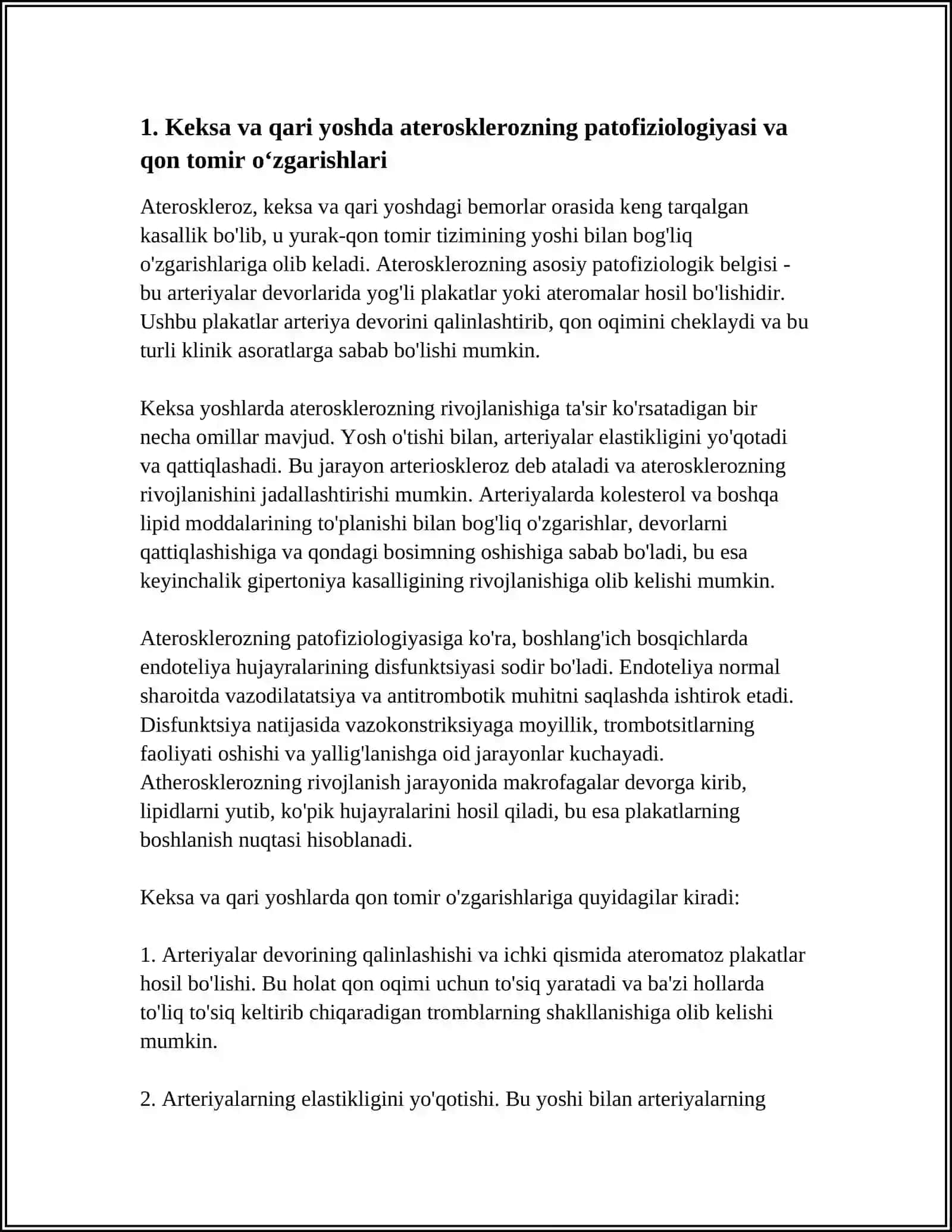 KEKSA VA QARI YOSHDAGI BEMORLARDA ATEROSKLEROZ, GIPERTONIYA KASALLIGINING O‘ZIGA XOS KECHISHI VA GERIATRIK BEMORLARNI PARVARISHLASH JARAYONI 4