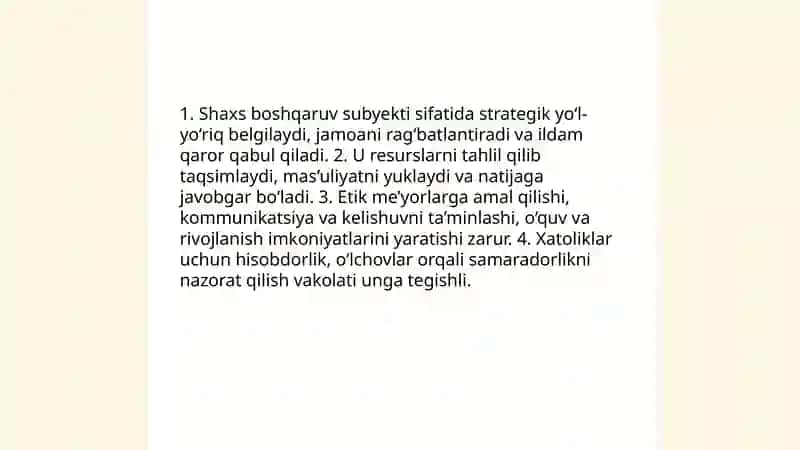 Shaxs boshqaruv subyekt sifatida rahbarlik va liderlik ko'nikmalari 4