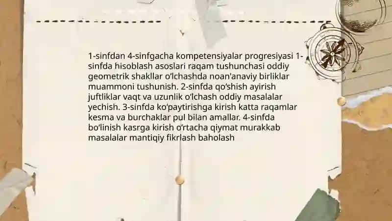 Boshlang'ich sinflarda matematika o'qitishda kompetensiyaviy yondashuv o'quv dasturi tahlili(1-2-3-4-sinflar kesimida) referatlar 4