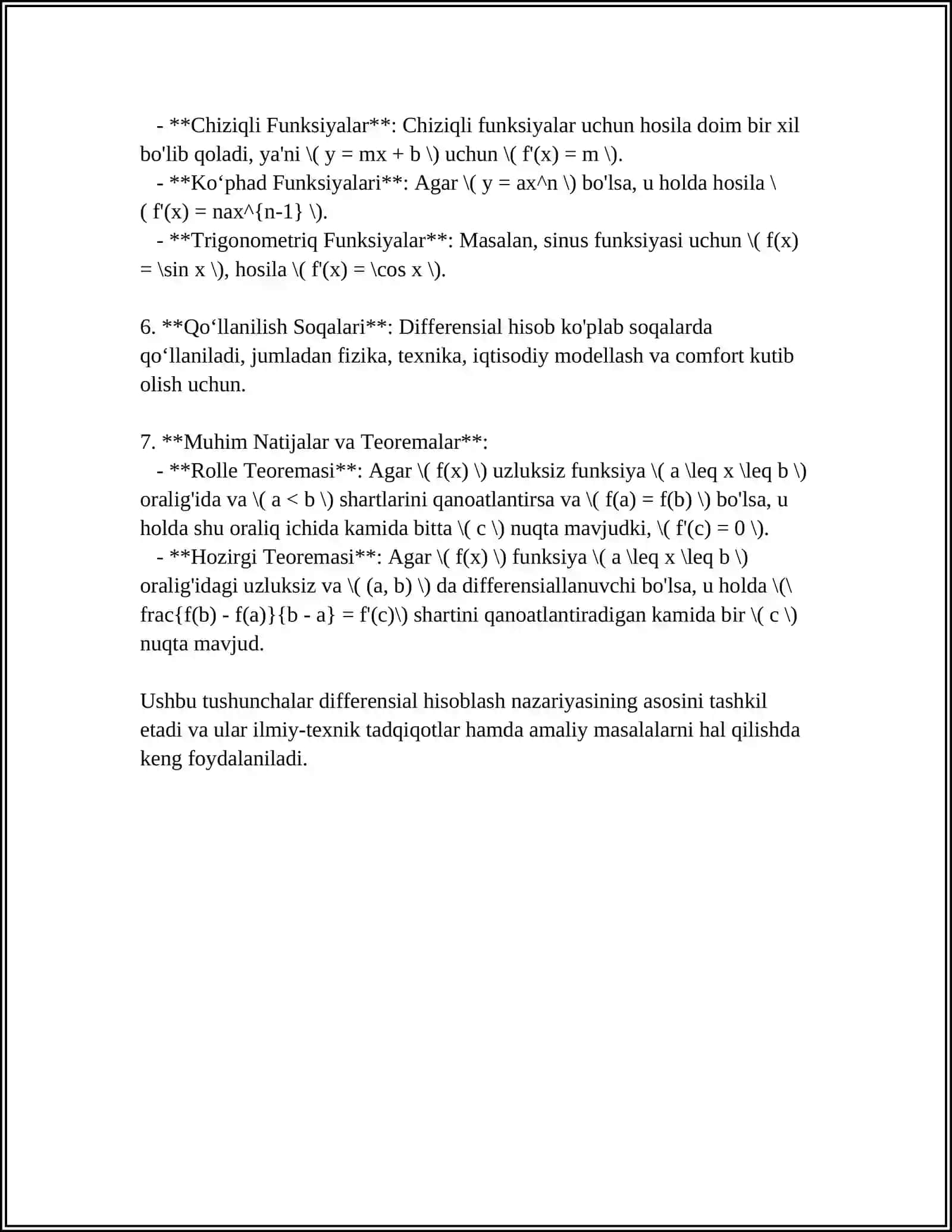 DIFFERENSIAL HISOBNING ASOSIY TEOREMALARI (FERMA, ROLL, LAGRANJ, VA KOSHI TEOREMALARI) 4