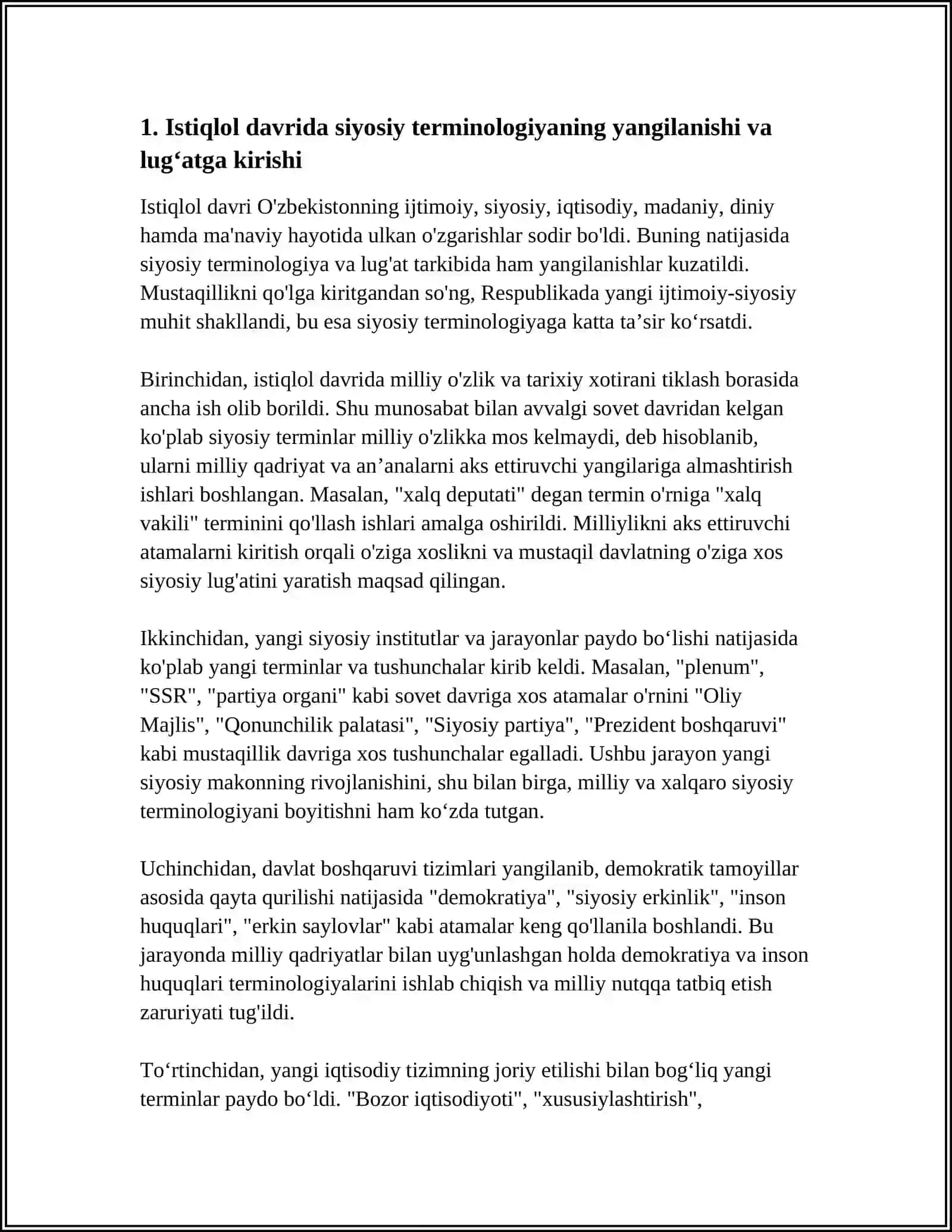 ISTIQLOL DAVRIDA IJTIMOIY-SIYOSIY, IQTISODIY, MADANIY, DINIY, MA’NAVIY HAYOTDA SODIR BO‘LGAN TUB O‘ZGARISHLARNING O‘ZBEK TERMINOLOGIYASI VA LUG‘ATCHILIGIGA TA’SIRI 4