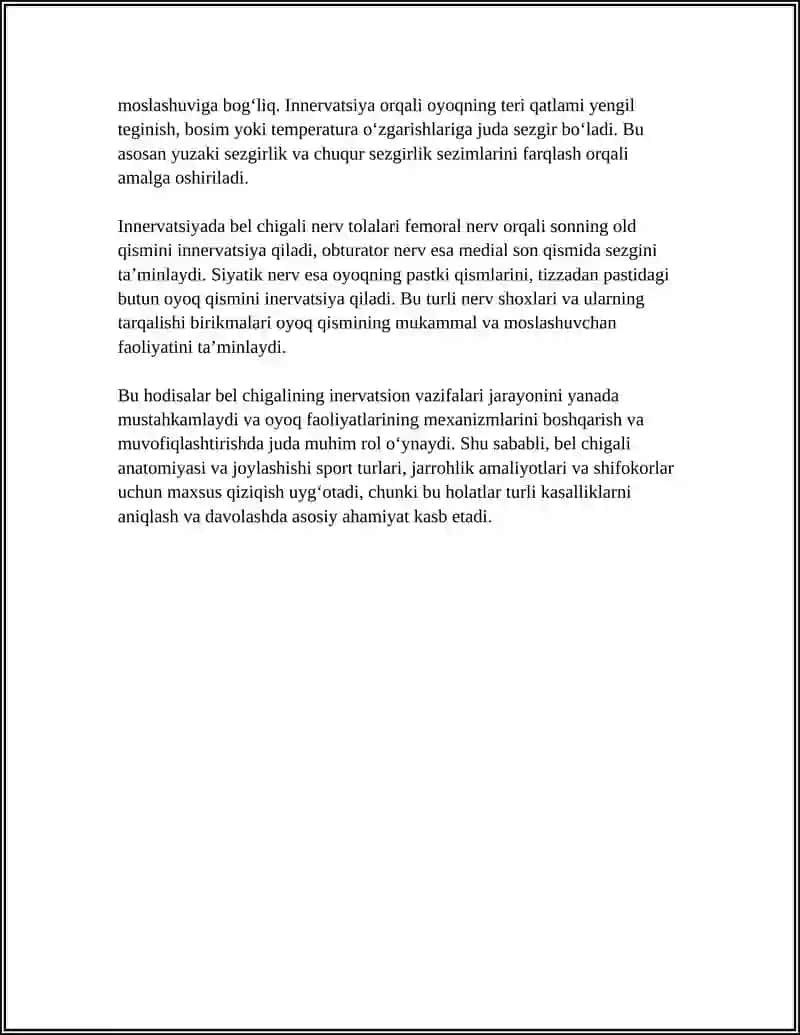 BEL CHIGALI. DUMG'AZA CHIGALINING HOSIL BO‘LISHI VA UNING SHOXLARI. OYOQ TERISINING INNERVATSIYASI 4