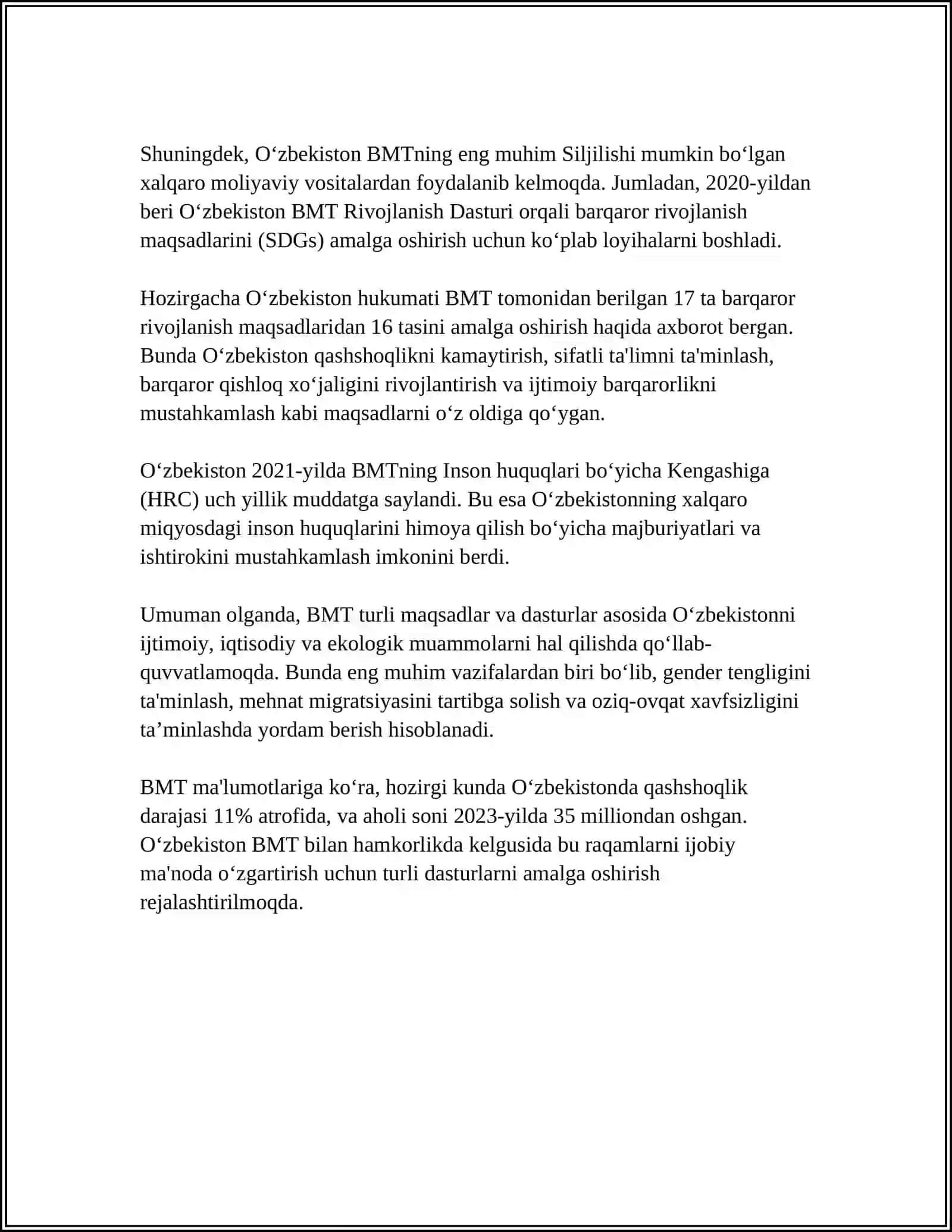 O'ZBEKISTONNING XALQARO TASHKILOTLARI BILAN HAMKORLIK ALOQALARI 4