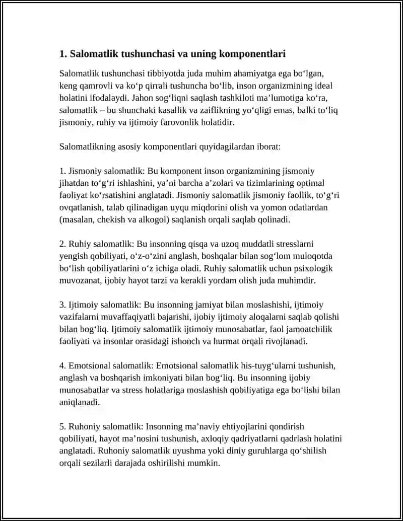 SALOMATLIK, MOSLASHUV, KASALLIK (NOZOLOGIYA), ETIOLOGIYA, PATOGENEZ, SINDROM, SIMPTOM, SEMIOTIKA (SEMIOLOGIYA) TUSHUNCHASI. DIAGNOSTIKA JARAYONINING QOIDALARI (ALGORITMI). TEKSHIRISHNING ASOSIY VA QO‘SHIMCHA USULLARI. TISH KASALINING TIBBIY KARTASI. TISH BEMORINING TIBBIY TARIXI VA AMBULATORIYA KARTASINI TO‘LDIRISH QOIDALARI. 4