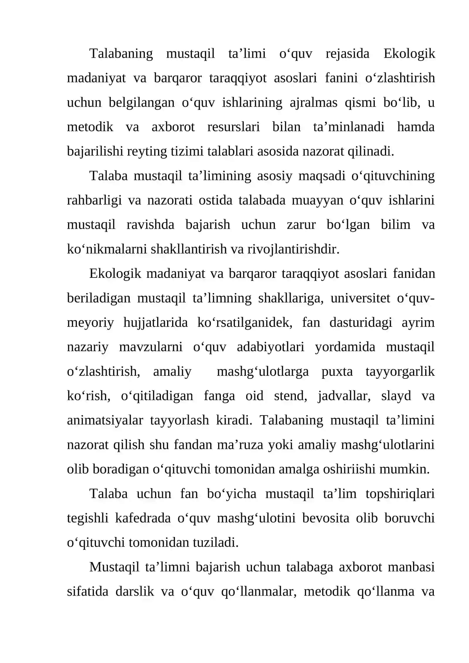 Ekologik madaniyat va Barqaror taraqqiyot asoslari fanidan Mustaqil ta’limi 4