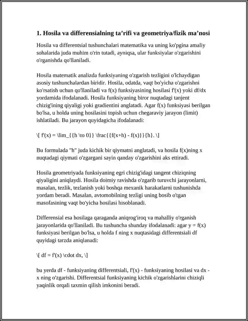 Hosila va Differensialning Ta'rif va Geometriya/Fizik Ma'nosi 4