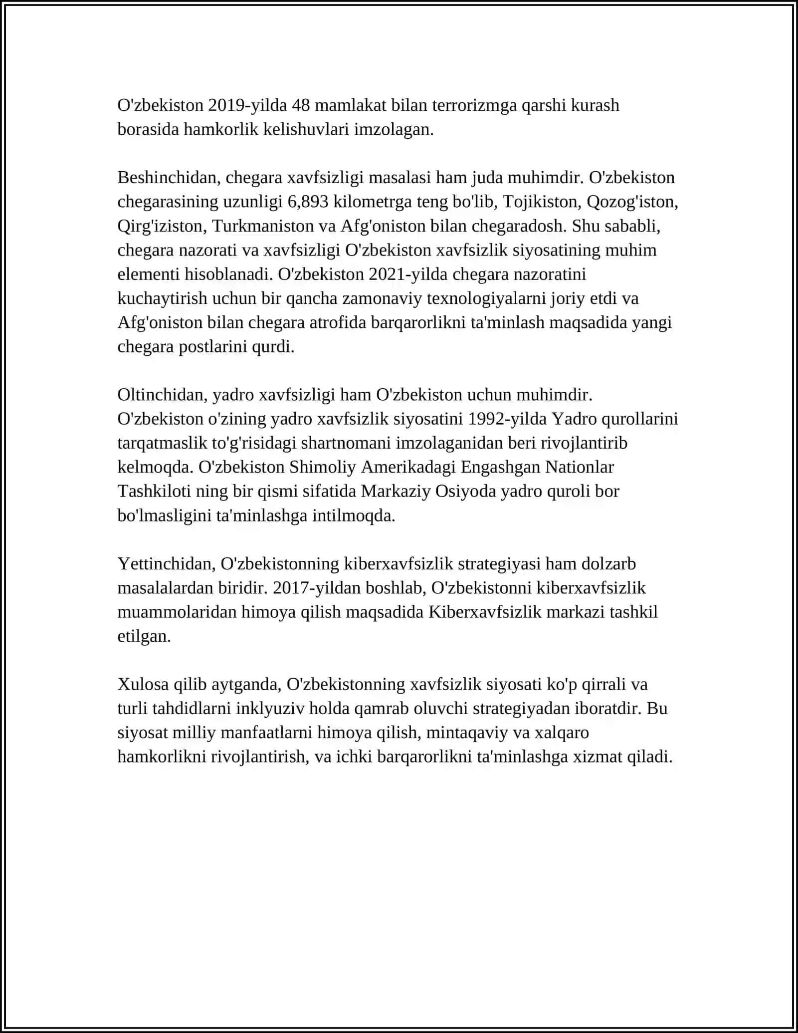 MUSTAQIL ISH Mavzu: O'ZBEKISTON MARKAZIY OSIYODA TINCHLIK VA BARQARORLIKNI TAMINLASH O'RNI 4