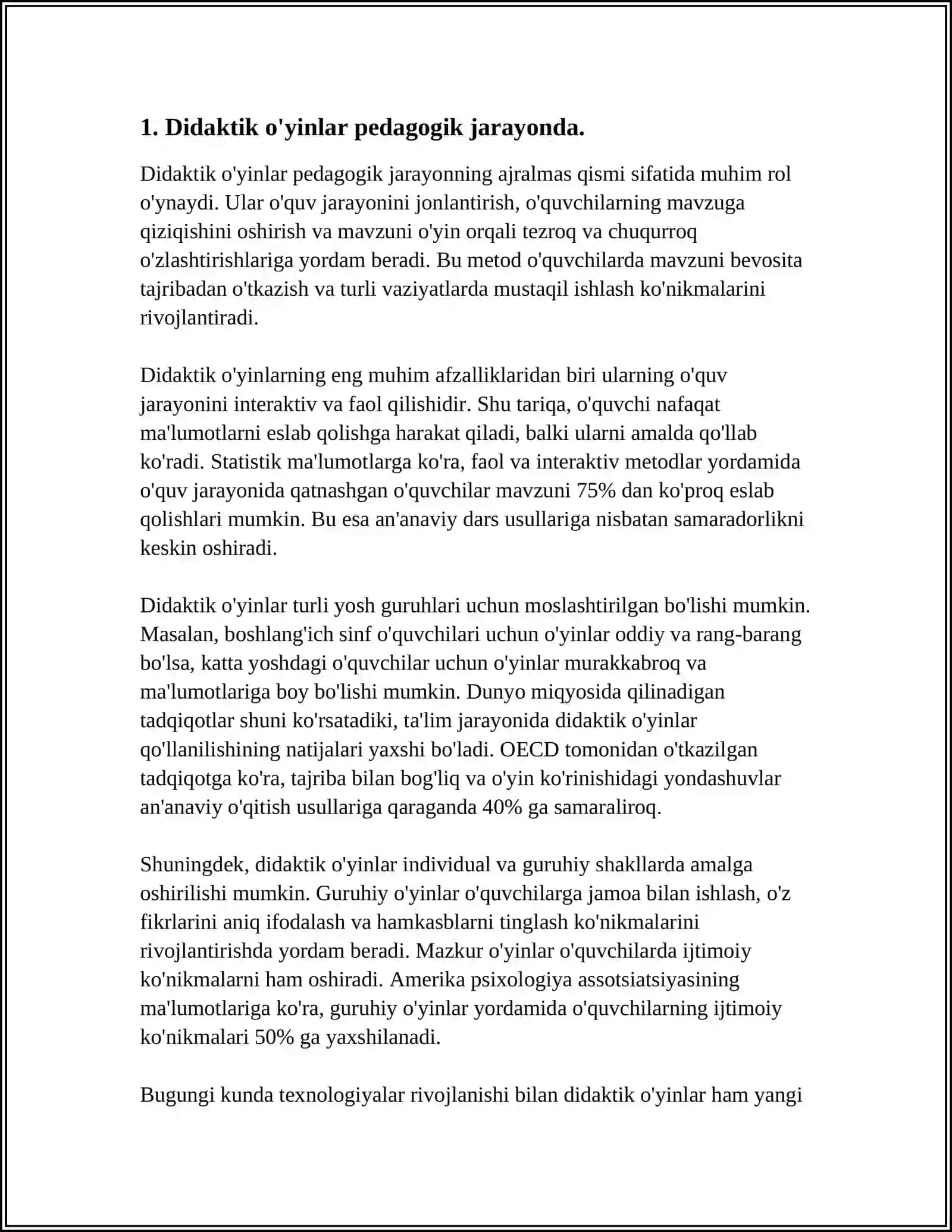 SINFDAN TASHQARI MASHGʻULOTLARDA DIDAKTIK OʻYINLARNING AHAMIYATI, MAZMUNI ULARDAN FOYDALANISH 4