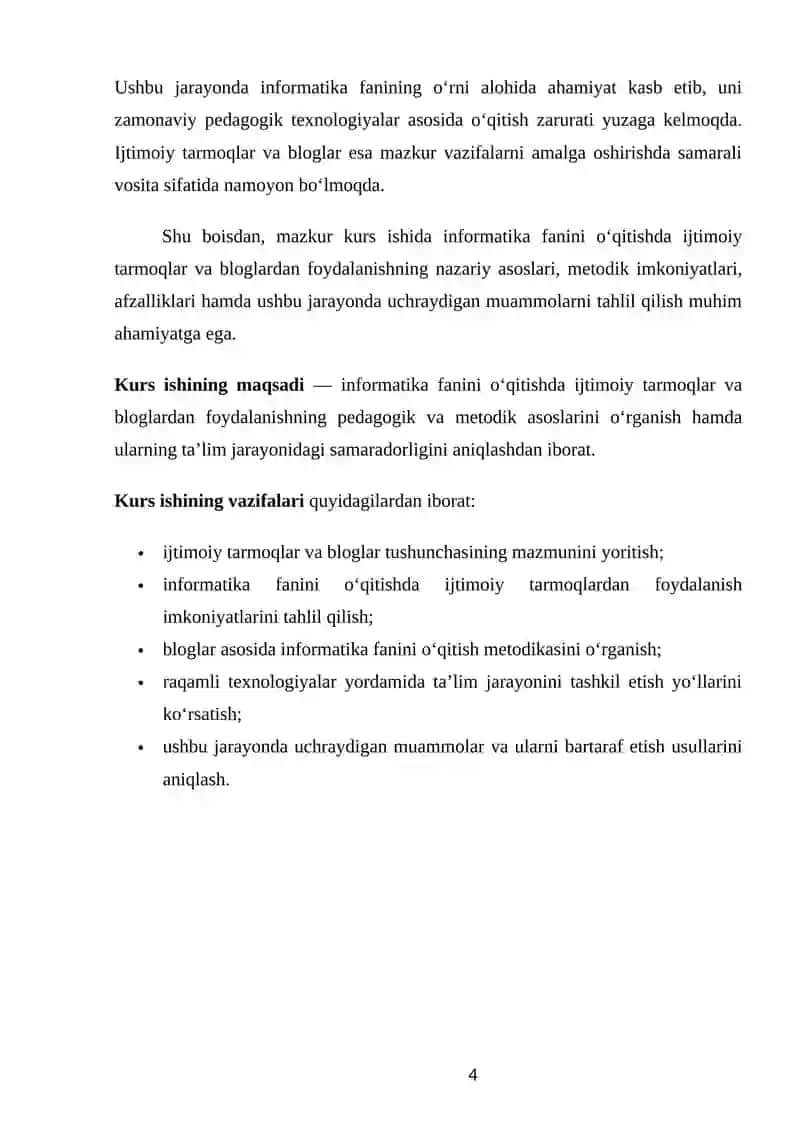 Ijtimoiy tarmoqlar va bloglar orqali informatika fanini o‘qitish  MAVZUSIDA KURS ISHI 4