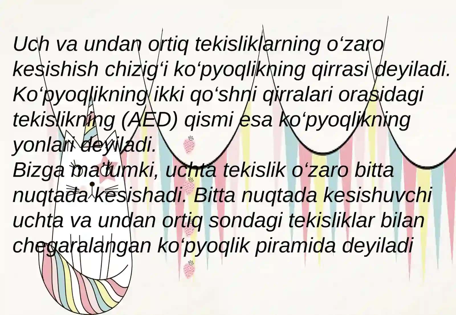 Ko`p yoqlilar ularning turlari kesimlarini tasvirlashga oid masalalar yechish 4