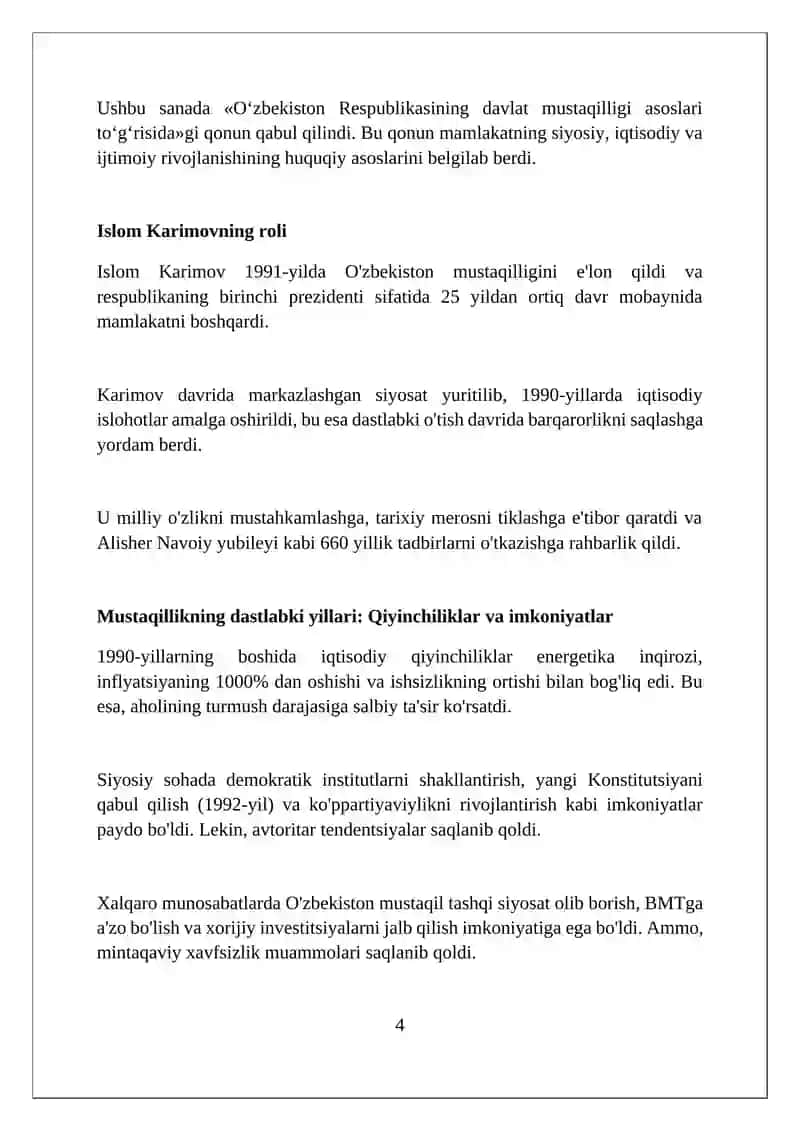Oʻzbekiston Respublikasi Mustaqilligining Tarixi 4