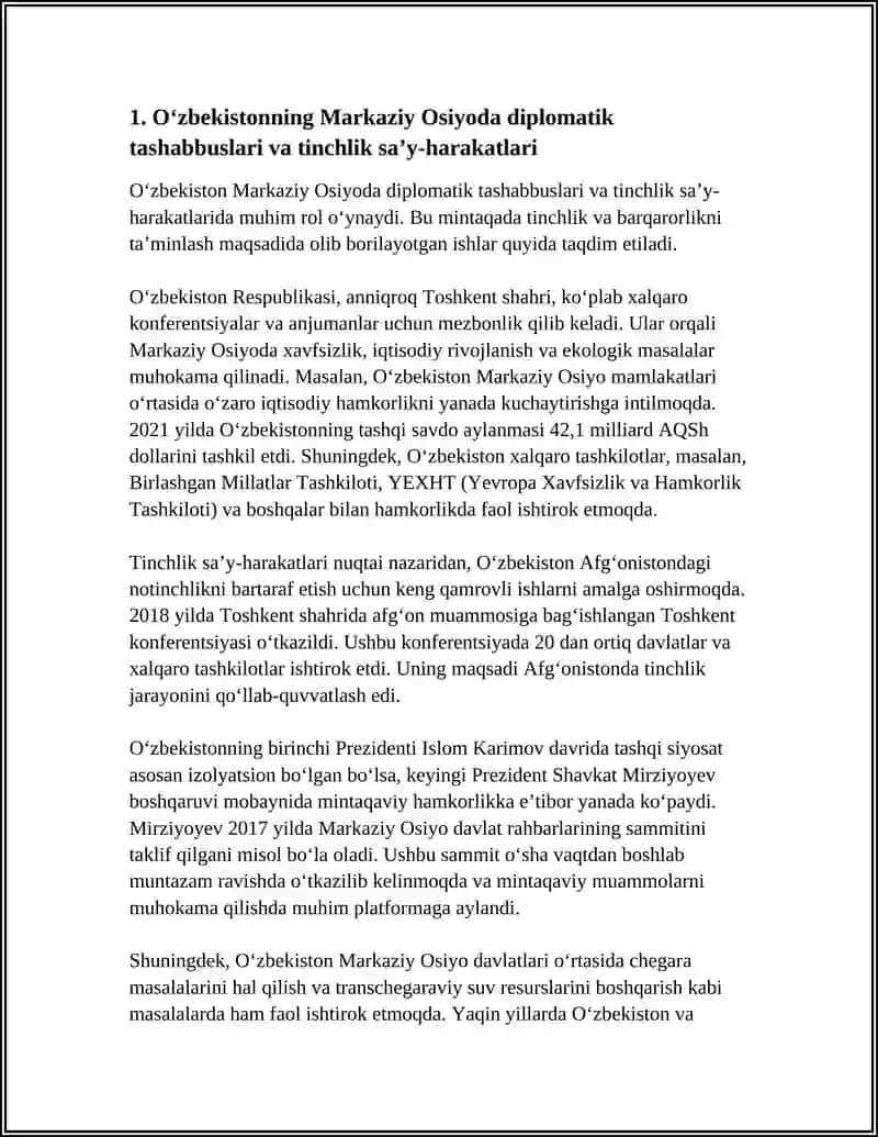 O‘ZBEKISTONNING MARKAZIY OSIYODA TINCHLIK VA BARQARORLIKNI TAMINLASHDAGI O'RNI 4