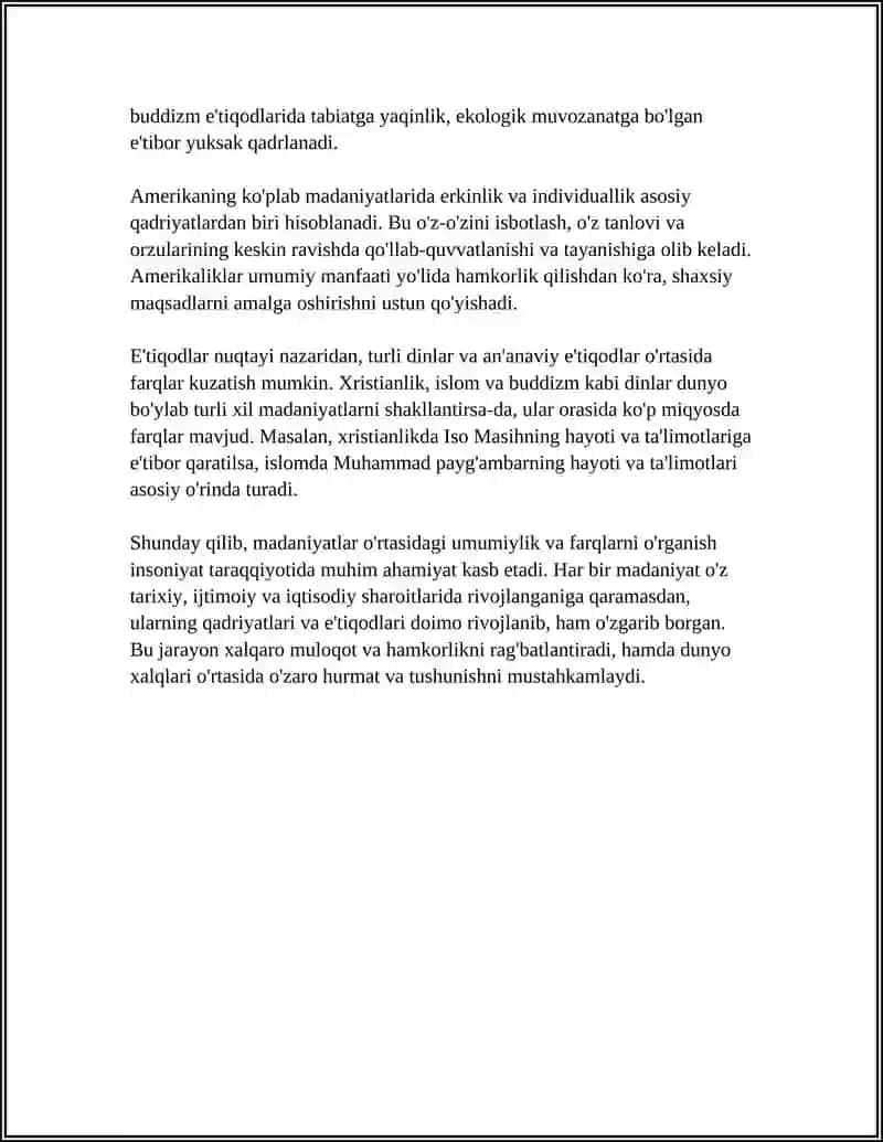 DUNYO XALQLARI MADANIYATLARIDAGI UMUMIYLIK VA FARQLARNI ÕRGANISH 4
