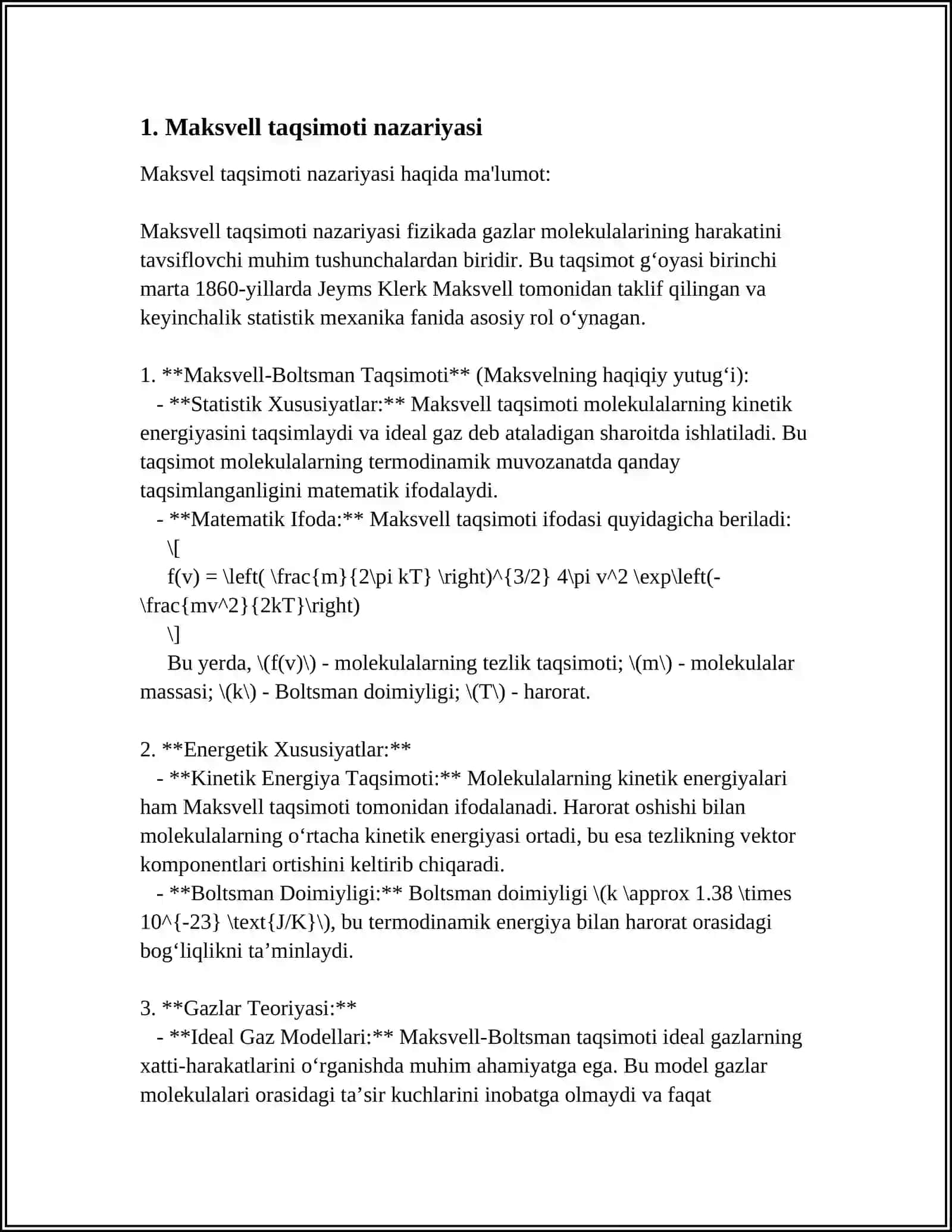 GAZ MOLEKULALARINING ISSIQLIK HARAKATI TEZLIGI VA ENERGIYASI BO’YICHA MAKSVELL TAQSIMOTI 4