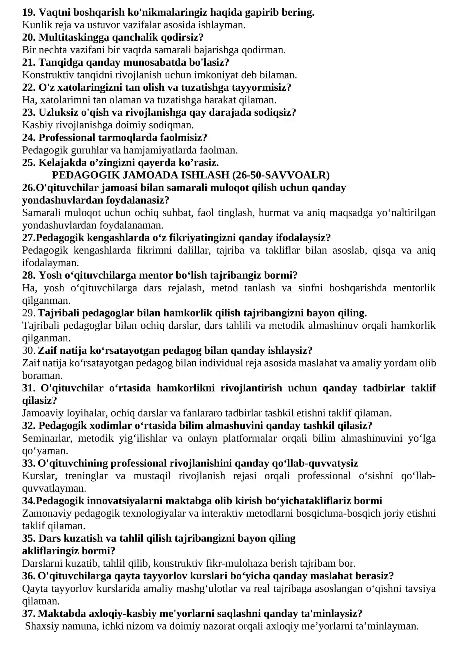 Maktab maslaxatchisi suxbat savollari 200 ta bilet. Jami 1000 ta savol javoblari bilan 4