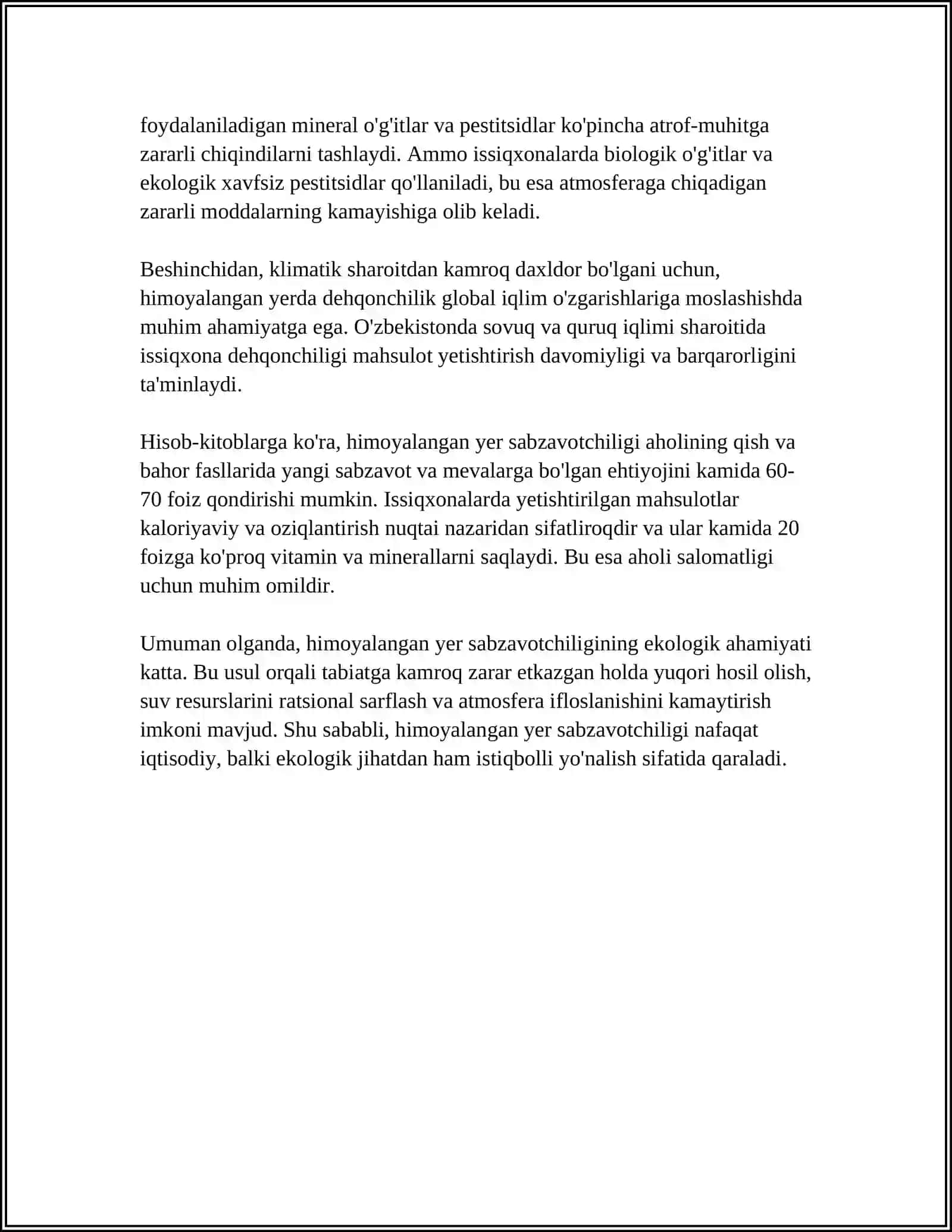 HIMOYALANGAN YER SABZAVOTCHILIGINI AHAMIYATI, UNI VAZIFASI, XUSUSIYATLARI, AHVOLI VA RIVOJLANISHI 4