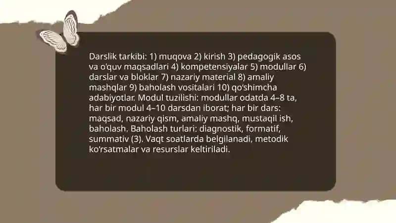 Darslik va unga qoʻyiladigan talablar. Ona tili oʻqtuvchisi faoliyatida qoʻllaniladigan hujjatlar. 4