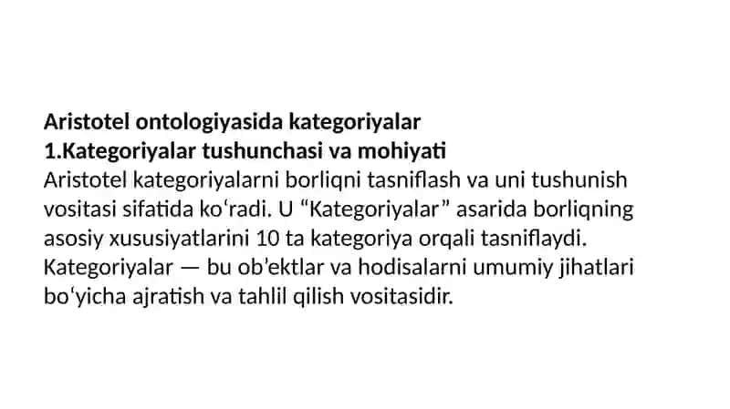 Aristotel, Forobiy va Kant ontologiyasida kategoriyalar tasnifini qiѐsiy tahlil etish va farqlarini aniqlash 4