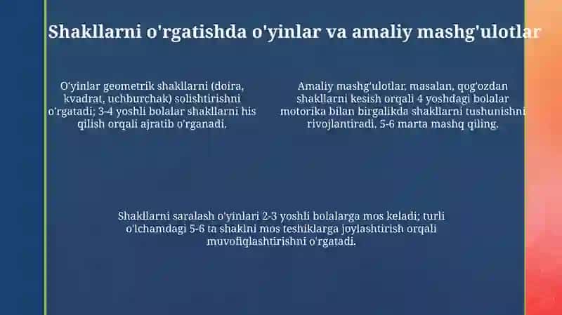 Maktabgacha talim tashkilotlari tarbiyalanuvchilarida predmetlar shakli bilan tanishtirish usullari 4