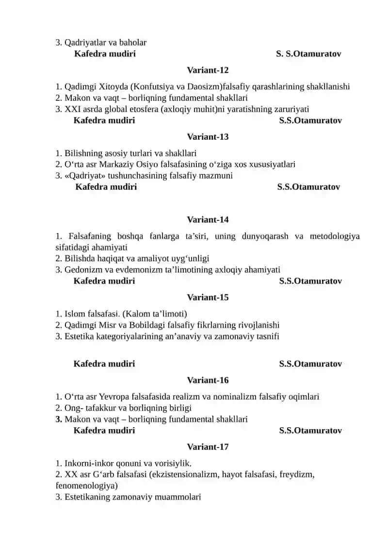 FALSAFA FANIDAN 1 KURS TALABALARI UCHUN ORALIQ NAZORAT VARIANTLARI 4