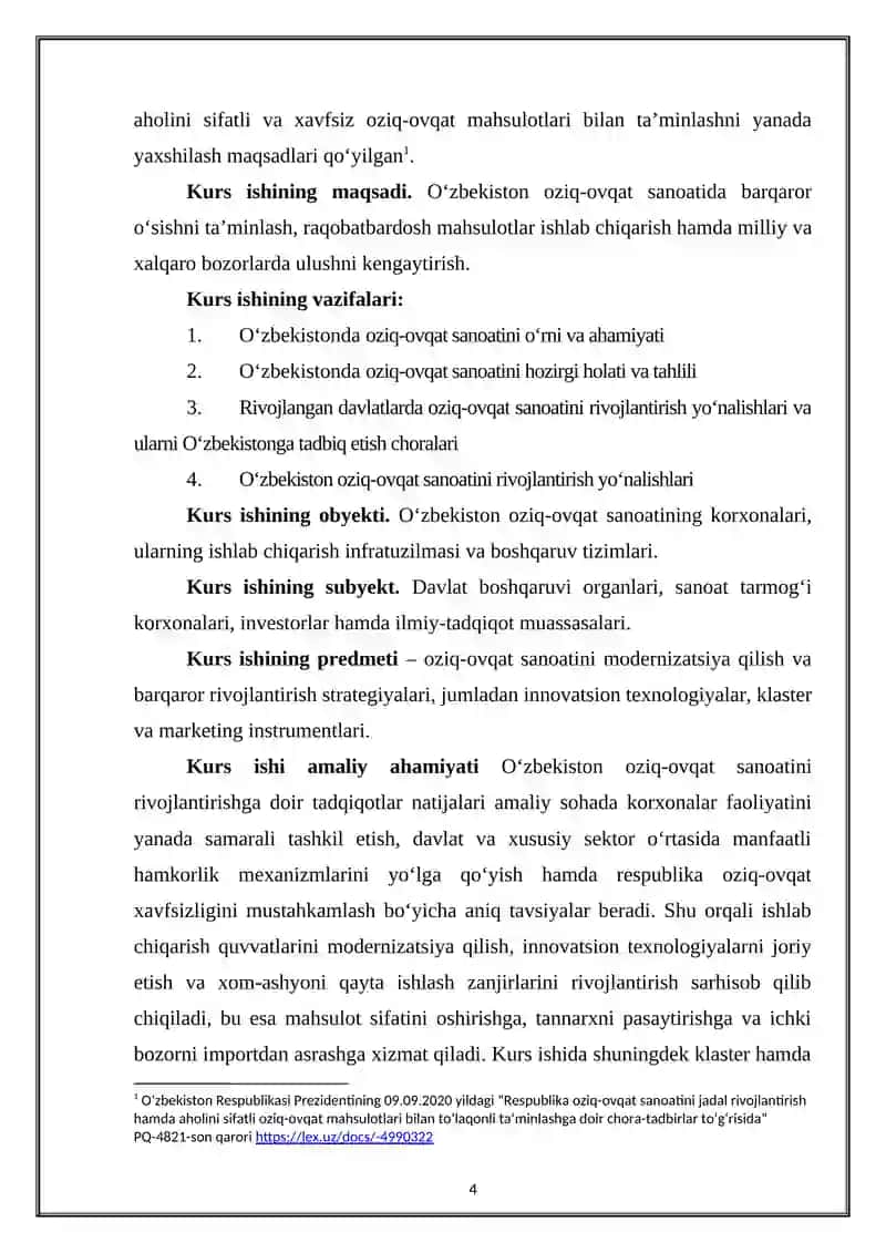 “O‘zbekiston oziq-ovqat sanoatini rivojlantirish yo‘nalishlari” mavzusida ilmiy ish 4