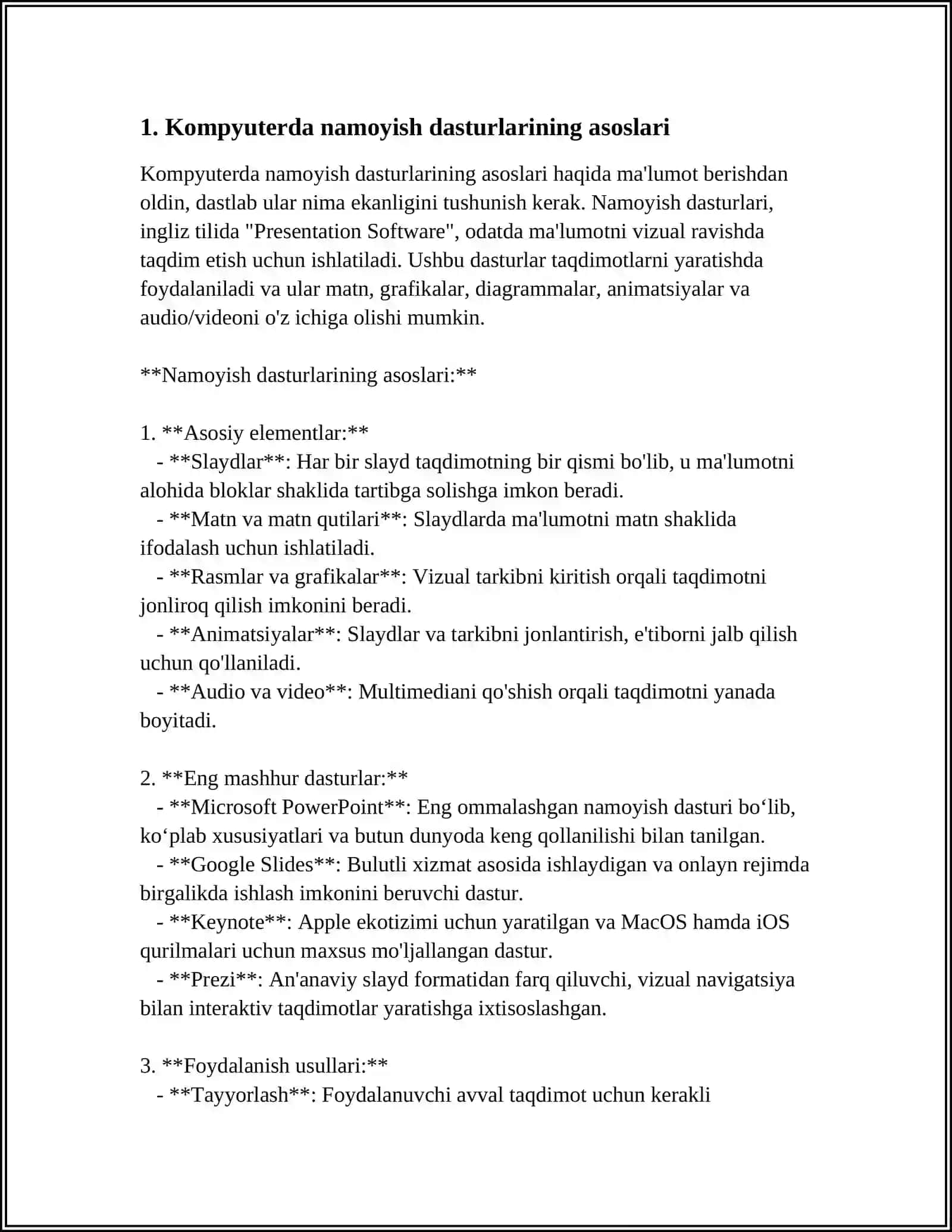 KOMPYUTERDA NAMOYISH DASTURLAR BILAN ISHLASH TEXNOLOGIYALARI. PREZI. MICROSOFT POWERPOINT, GOOPLE SLIDES, CANVA 4