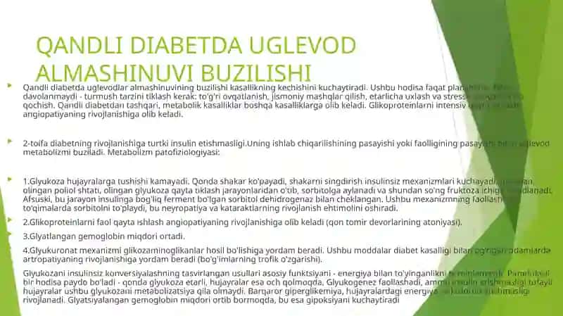 MAVZU: QANDLI DIABETDA KARBONSUVLAR,YOG’LAR VA OQSILLAR ALMASHINUVINING BUZILISHI 4