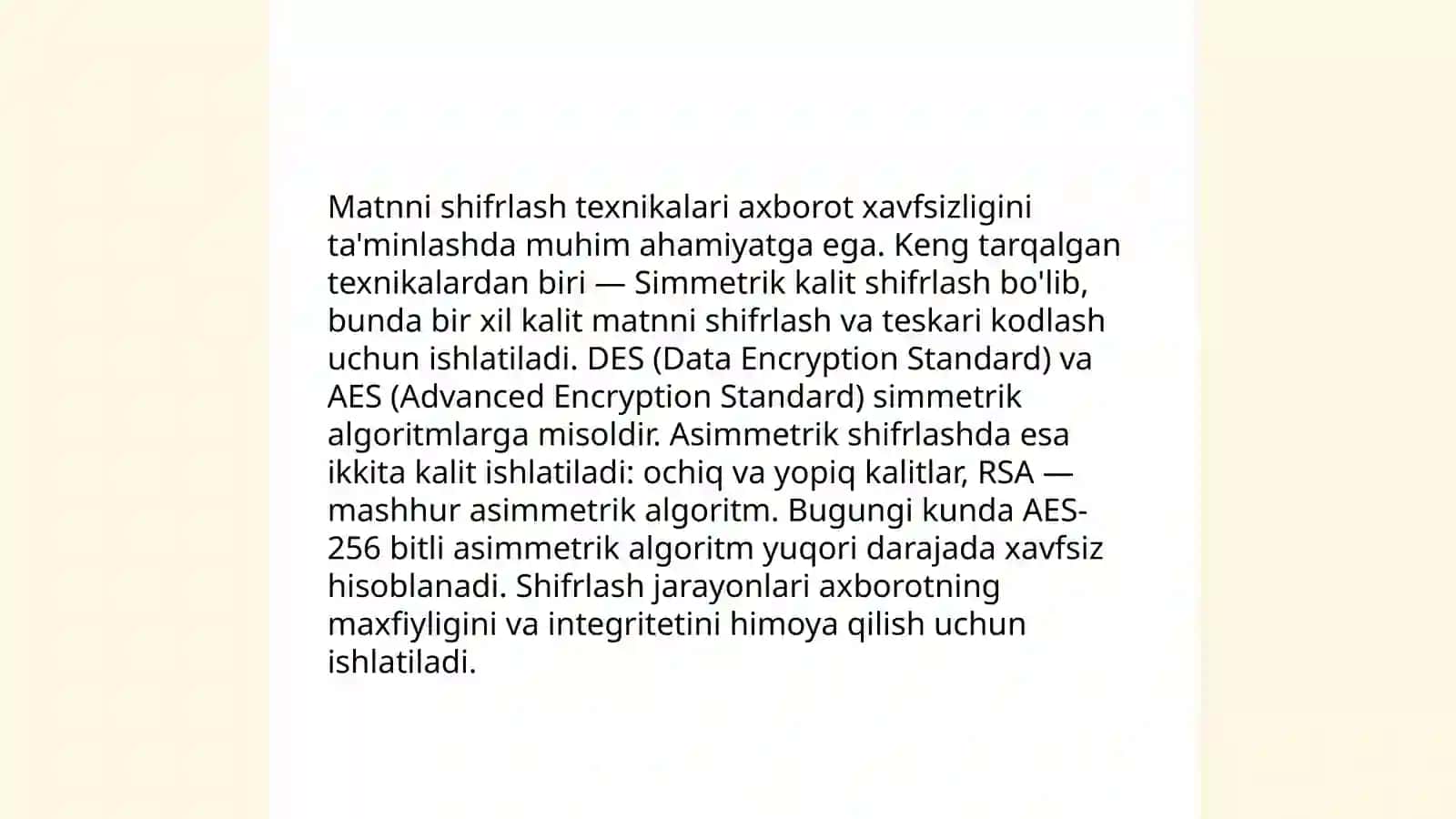Simmetrik o`rin almashtirish algoritmlari asosida matnni shifrlovchi dastur 4