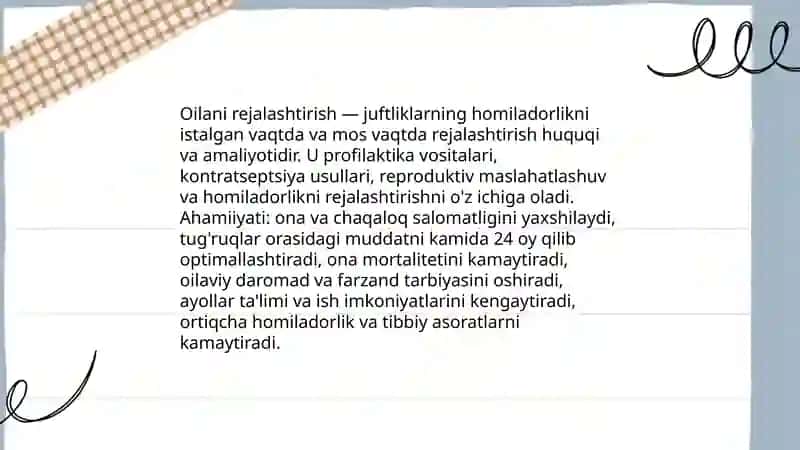 Sog'lom oila. Oilani rejalashtirish usullari. Reproduktiv salomatlik 4