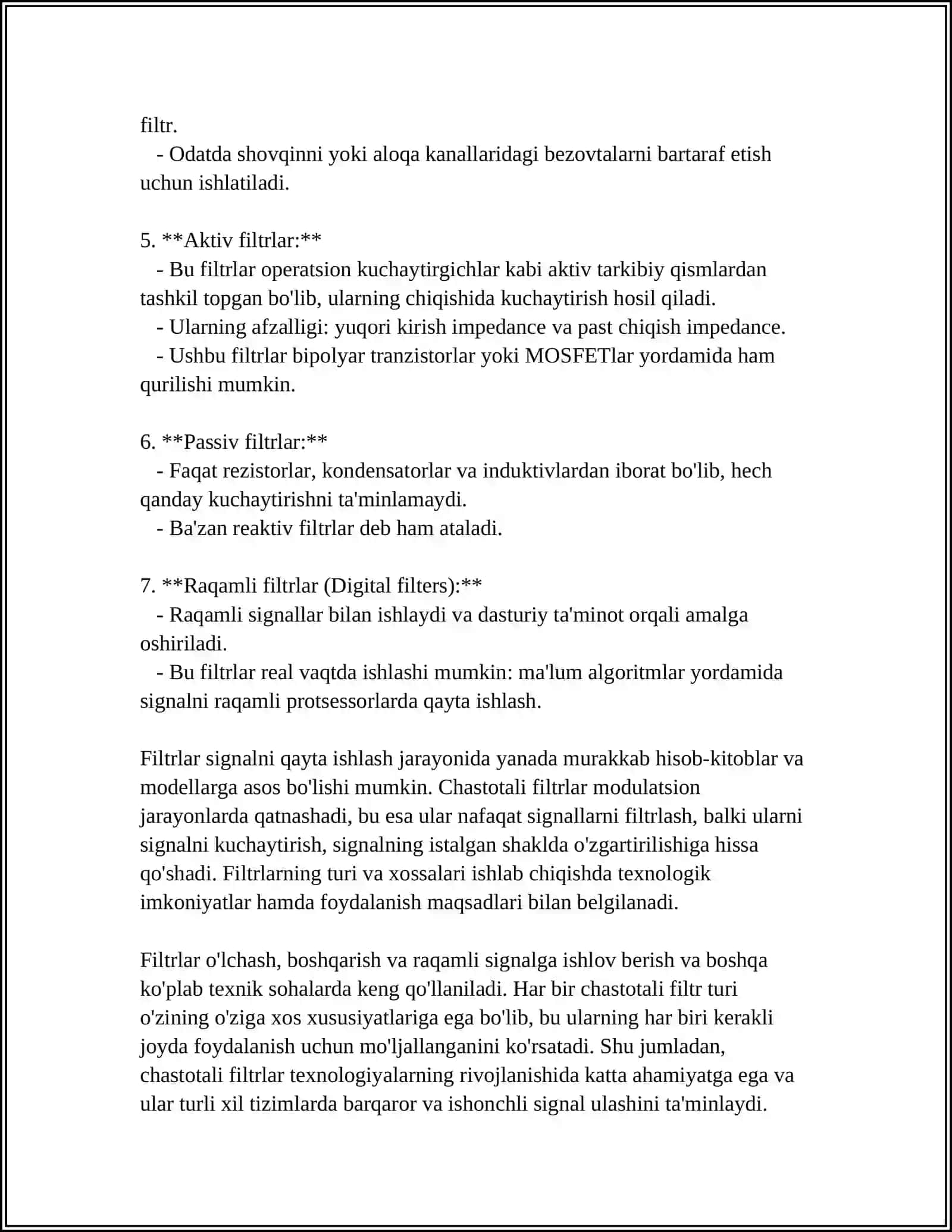 MUSTAQIL ISH Mavzu: QUYI CHASTOTALI FILTRLAR 4