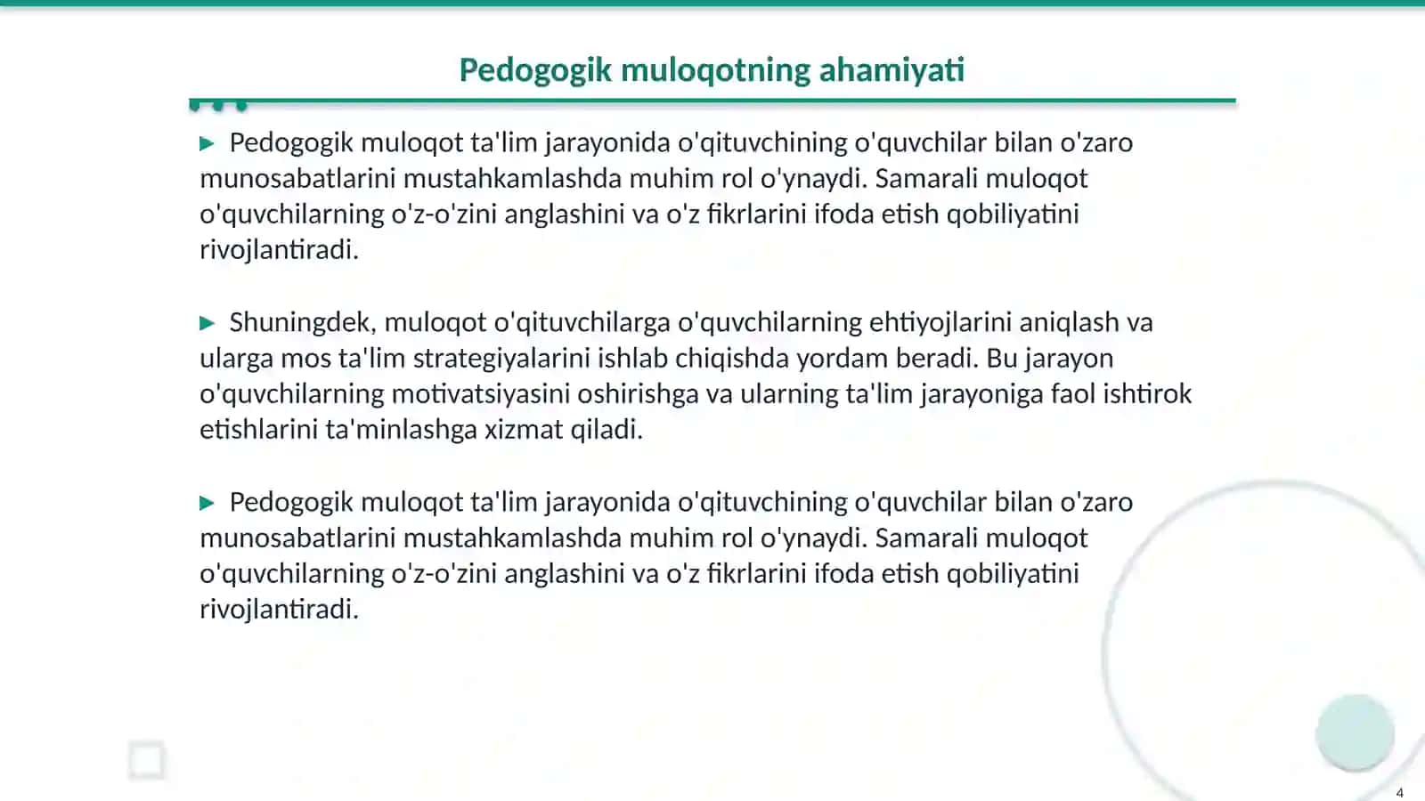 Pedogogik muloqot va pedogogik munosabatlar texnologiyasi 4