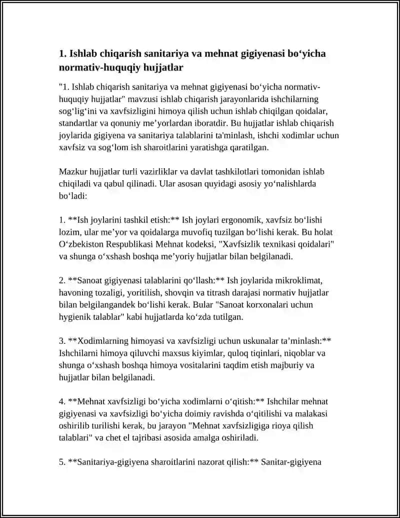 İSHLAB CHIQARISH SANITARIYASI VA MEHNAT GIGIYENASIGA RIOYA QILISHNI NAZORAT QILISH VA MEYORIY TAMINLASH 4