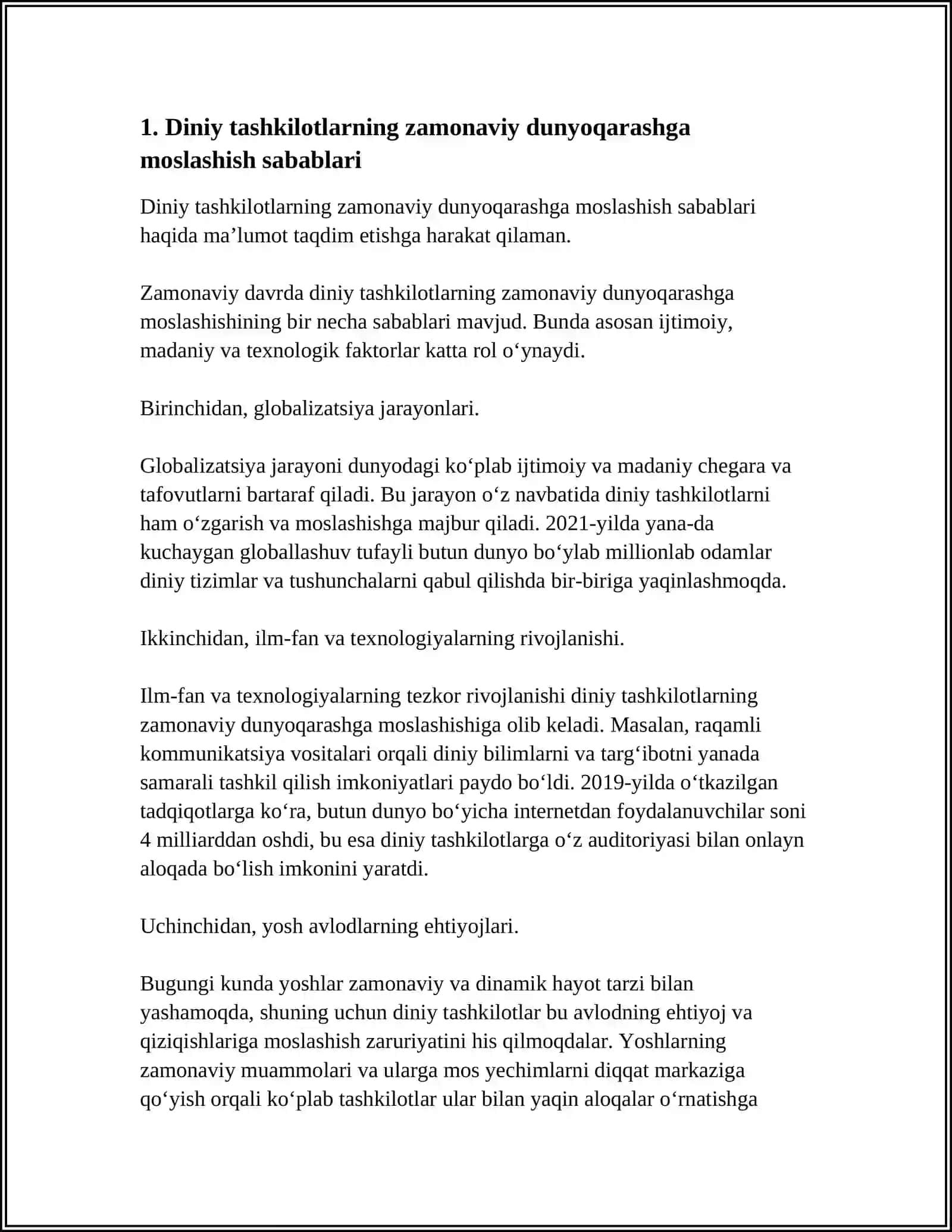 DINIY TASHKILOTLARNING ZAMONAVIY DUNYOVIY MEʼYORLARGA MOSLASHUVINING AHAMIYATI 4