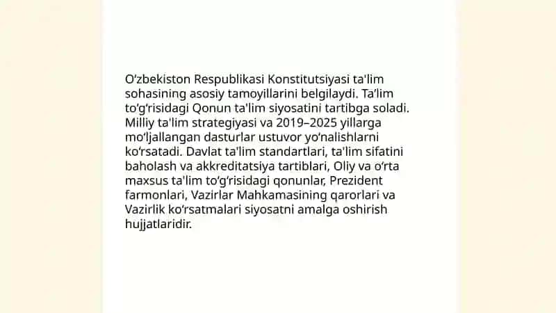 Ta'lim yo'nalishidagi davlat qonunlarini va ko‘rsatmalarini o‘rganish 4